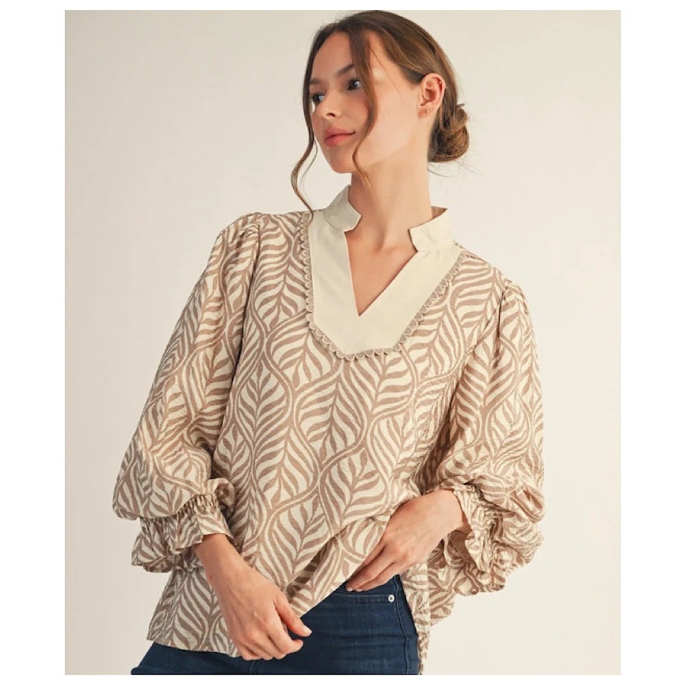 Jodifl V-Neck Puff Pullover Top Women Sz L Tan Leaf Print Boho 3/4 Sleeve
